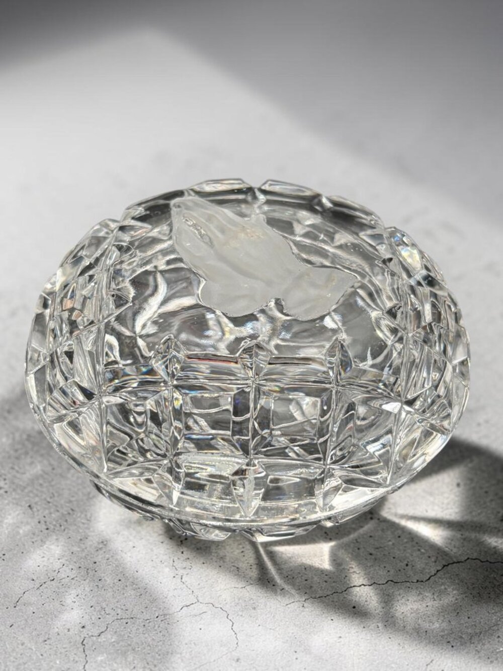Vintage Lead Crystal Glass Trinket Box With Praying Hands Motif Lid 4"